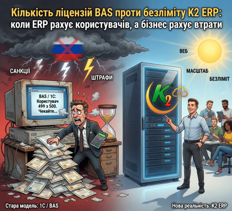 Кількість ліцензій BAS проти безліміту K2 ERP: чому відкладати міграцію з 1С/BAS дорожчає щокварталу: Кількість ліцензій BAS проти безліміту K